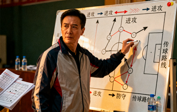 教练在战术板前布置比赛战术的场景